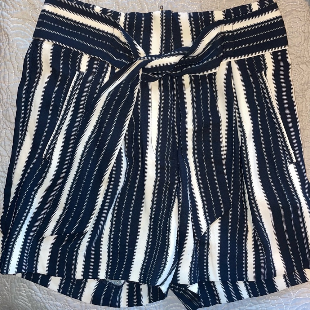 H&M blue and white striped tie front shorts